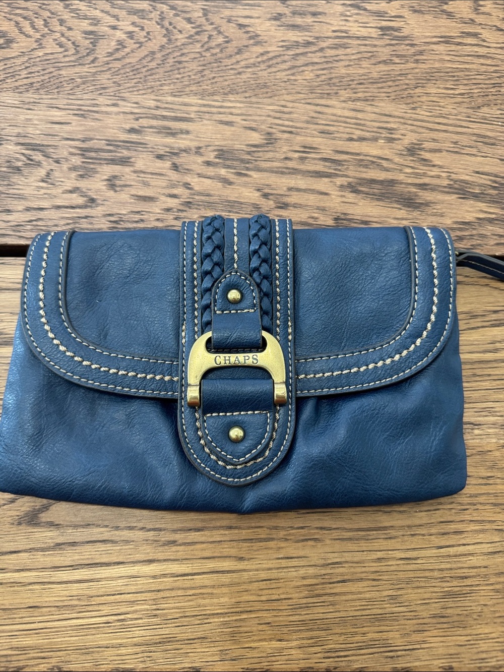 Chaps navy blue leather wristlet clutch with braided detail